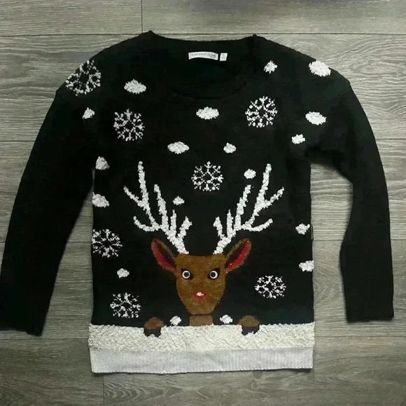 Notations Black Rudolph Reindeer Holiday Christmas Sweater Long Sleeves Size PS - Picture 1 of 7